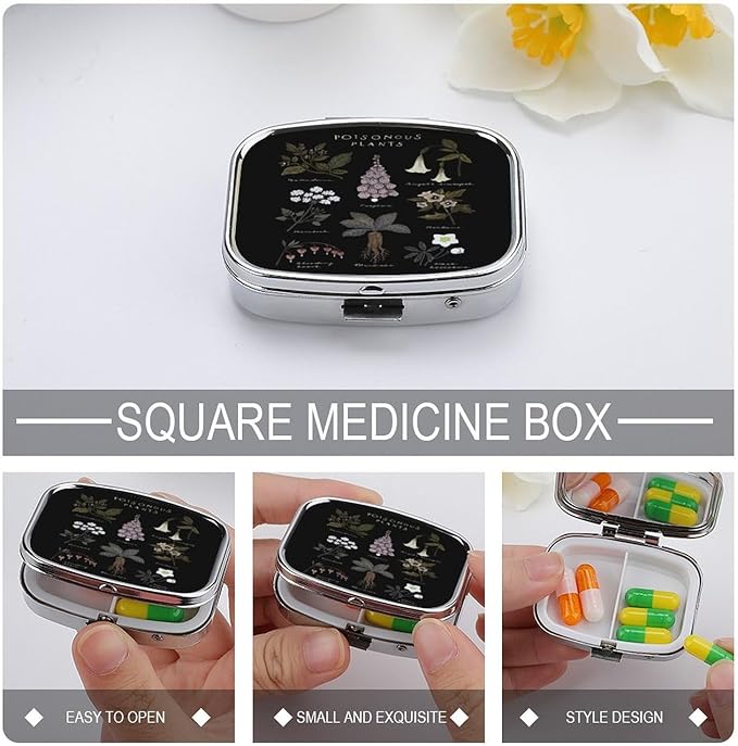 Metal 2 Compartment Pill Organizer Travel Friendly Portable Compact Pill Box Cute Pill Case to Hold Vitamins,Fish Oil,Supplements,Meds,Tablet for Purse,Pocket. (Poisonous Plants)