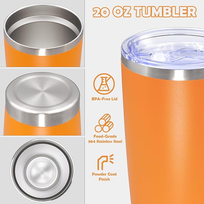 20oz Tumbler Bulk Stainless Steel Tumbler Cup with Lid Vacuum Insulated Double Wall Travel Mug, Durable Powder Coated Travel Coffee Tumbler Mug for Hot & Cold Drinks, Orange,8 Pack