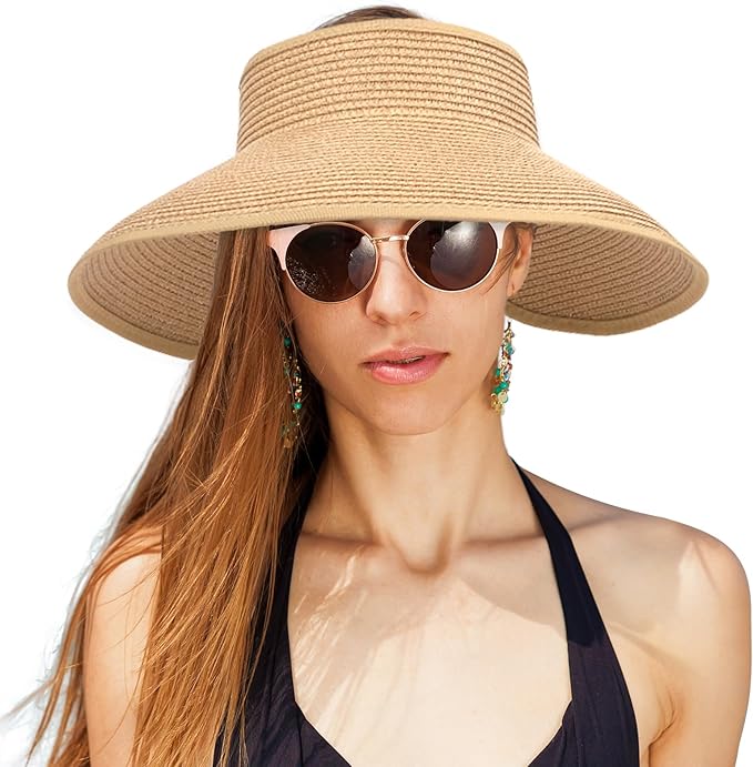 Sun Hats for Women Straw Beach Hat Wide Brim Sun Visor Summer Hat Packable Floppy Beach Vacation Essentials Green