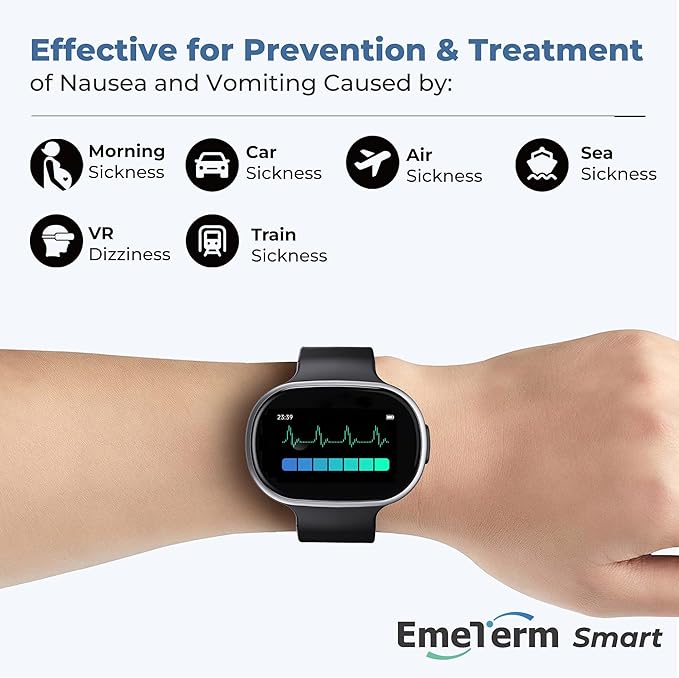 EmeTerm Smart FDA-Cleared Anti-Nausea Wristwatch Touchscreen IP67 Waterproof Morning Motion Sickness Relief Rechargeable Fast Acting Drug Free