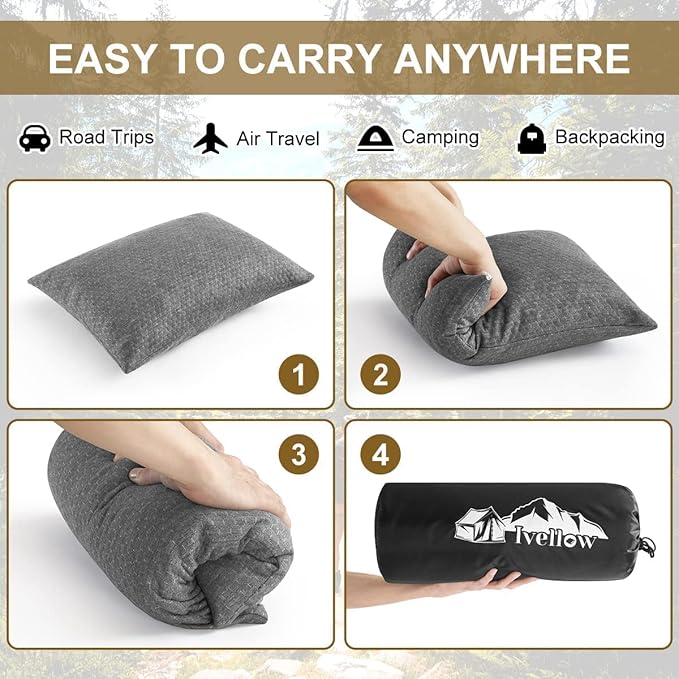Ivellow Memory Foam Travel Pillow Compressible Camping Pillow for Sleeping Shredded Memory Foam Pillow Compact Firm Supportive Travel Pillow for Adults Kids Outdoor Backpacking Hiking Essential Gear-S