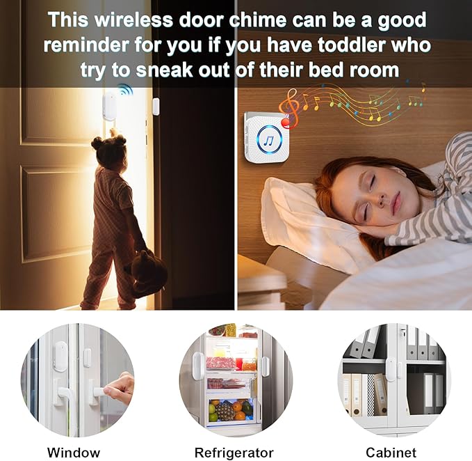 SanJie Door Chimes When Door Opens for Home - Door Alarm with Chime Adjustable Volume,5 Magnetic Door Sensors & 2 Plug-in Receivers - Door Open Chime - Indoor Range 500ft 2 Receivers + 5 Sensors