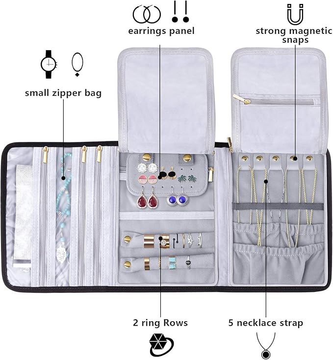 Teamoy Velvet Travel Jewelry Roll, Jewelry Storage Bag Organizer for Necklaces, Earrings, Bracelets, Rings, Brooches and More, Compact and Easy to Carry (Large, Velvet- Black)