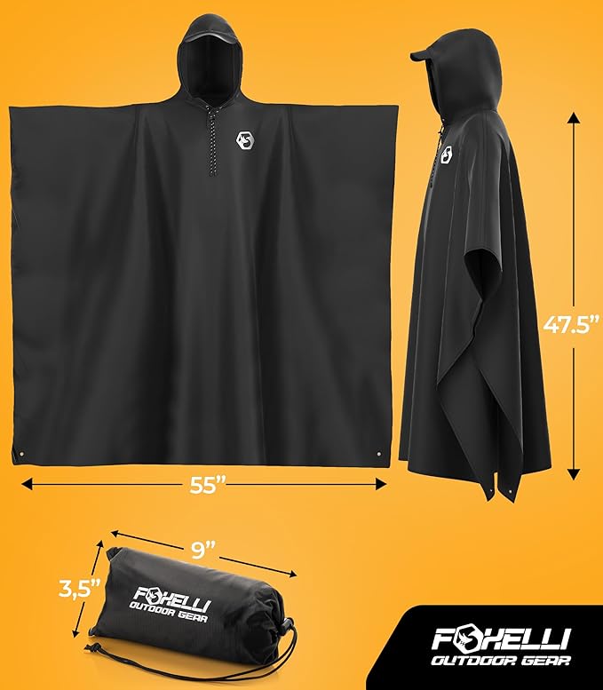 Foxelli Rain Poncho for Adults – Extra Long Reusable Waterproof Raincoat with Hood, Lightweight for Hiking, Camping, Outdoors