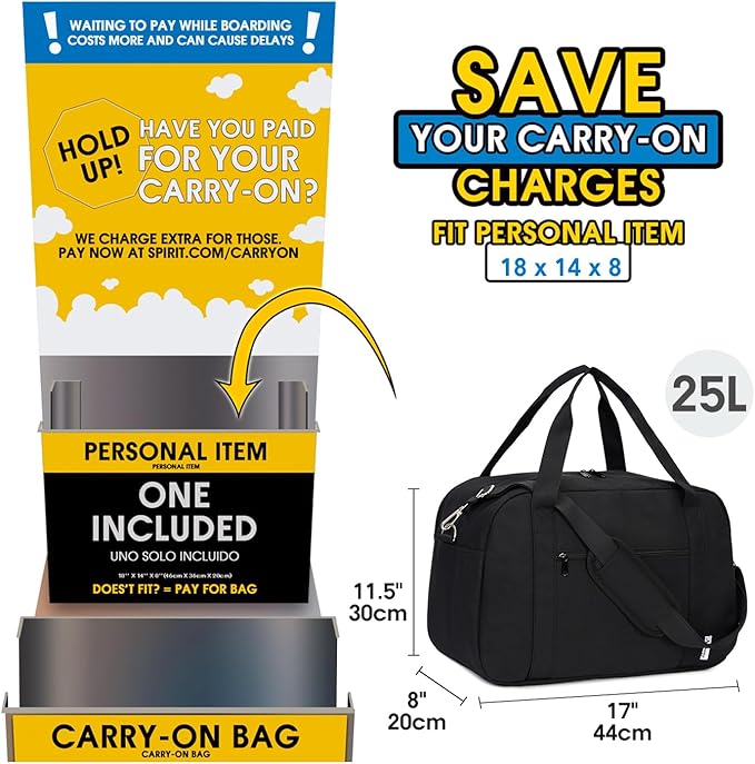Narwey 18" Carry on Bag with Laptop Compartment 14 Inch Travel Duffel Bag for Spirit Airlines Personal Item Bag Overnight Weekender Bag with Wet Pocket for Women and Men (Black)