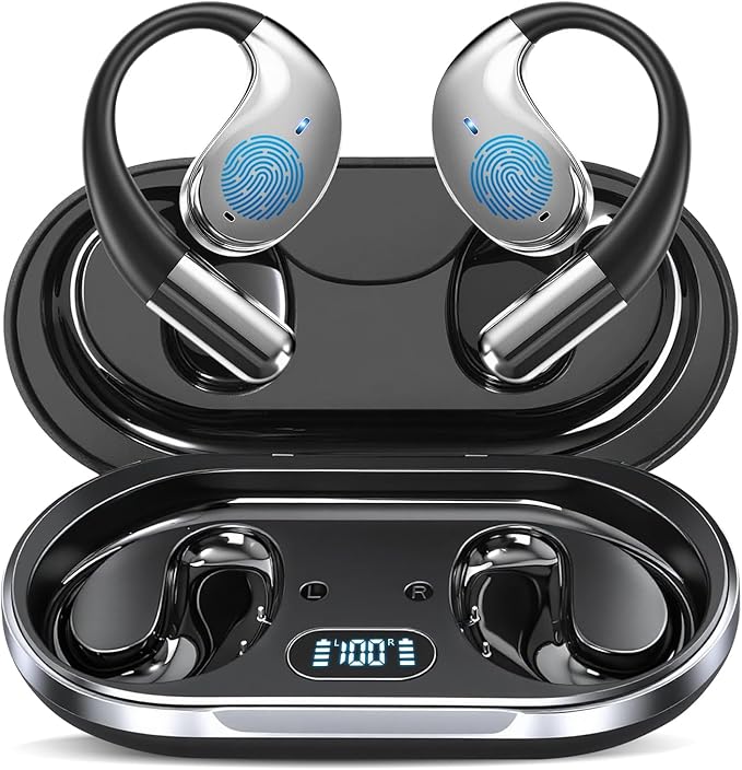 Ultra Ergonomic Open Ear Earbuds, Bone Conduction Over The Bluetooth Headphones Built-in Mic, Waterproof Design, LED Digital Display, Touch Control Operate, Fit Cycling Running Workout Sport, Black