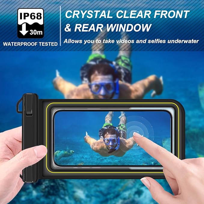 Waterproof Phone Pouch Floating, IP68 Waterproof Phone Case for iPhone 16 Pro 15 14 13 12 11 Pro Max Samsung Google, Dry Bag with Adjustable Lanyard, Up to 6.7'' Black