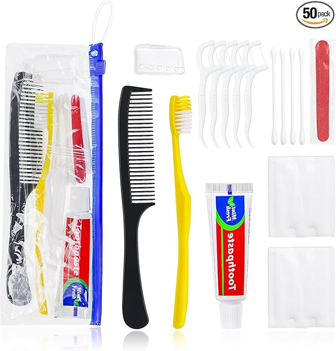 Personal Hygiene Kit Bulk Pack of 50,Yellow Disposable Toothbrushes with Toothpaste Floss Comb Cover and Hotel Vanity Set Basic Travel Toiletry Kit Supplies for Homeless,Charity,Guests