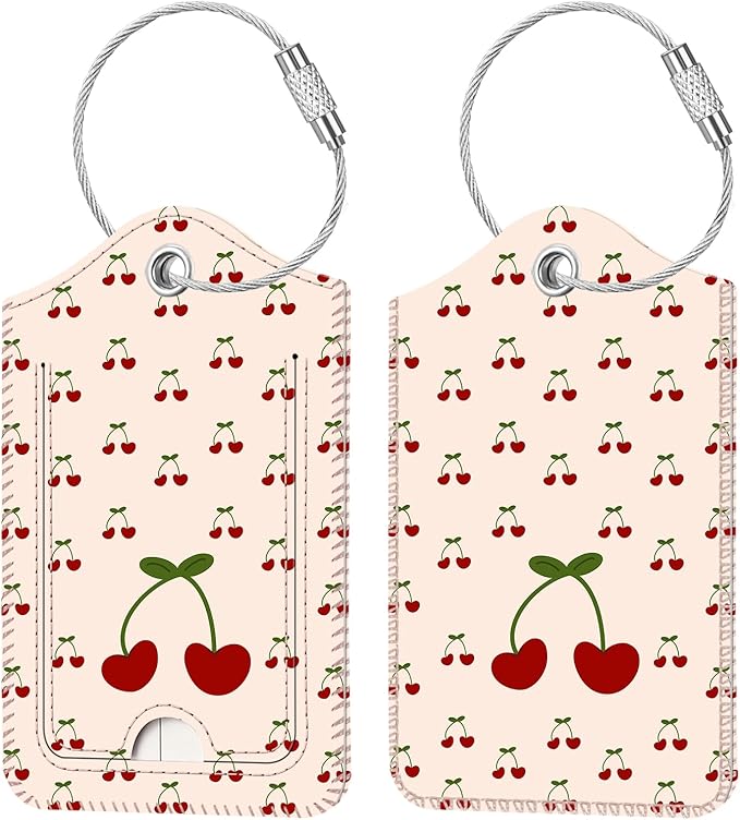 Fintie Luggage Tags, Privacy Cover ID Label with Stainless Steel Loop and Address Card for Travel Bag Suitcase - Cherry (2 Piece)