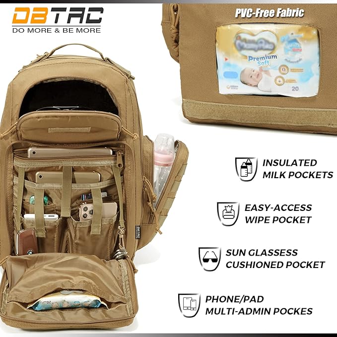Diaper Bag Backpack for Dad, DBTAC Large Baby Nappy Bag for Men w/Changing Mat, Insulated+Wipe Pockets, Stroller Straps, Tan