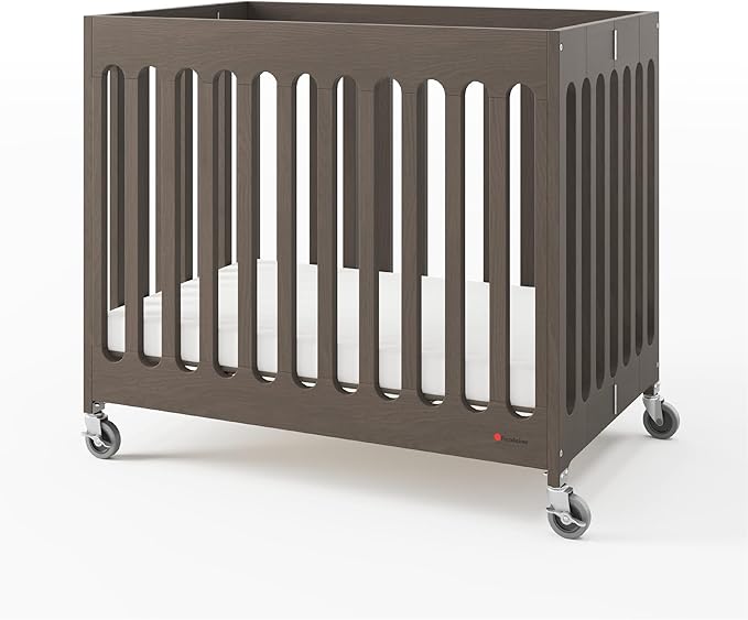 Foundations Boutique Folding Mini Baby Crib - Compact, Portable, Wooden Hotel Crib, Foldable Mini Crib for Baby & Toddlers - Includes 3" Foam Mattress, Dapper Gray