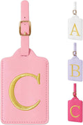 Personalized Initial Luggage Tags for Suitcase, Pink Leather Cute Luggage Tags with Privacy Cover Name Card, Embroidered Custom Monogrammed Luggage Tag Travel Bag Baggage Tags Gifts for Women Kids(C)