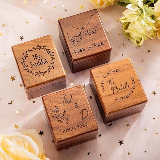 Custom Engraving Ring Gift Box Wooden Presentation Jewelry Box Case with 3 Ring Slots for Proposal Engagement Wedding Ceremony Birthday Gift