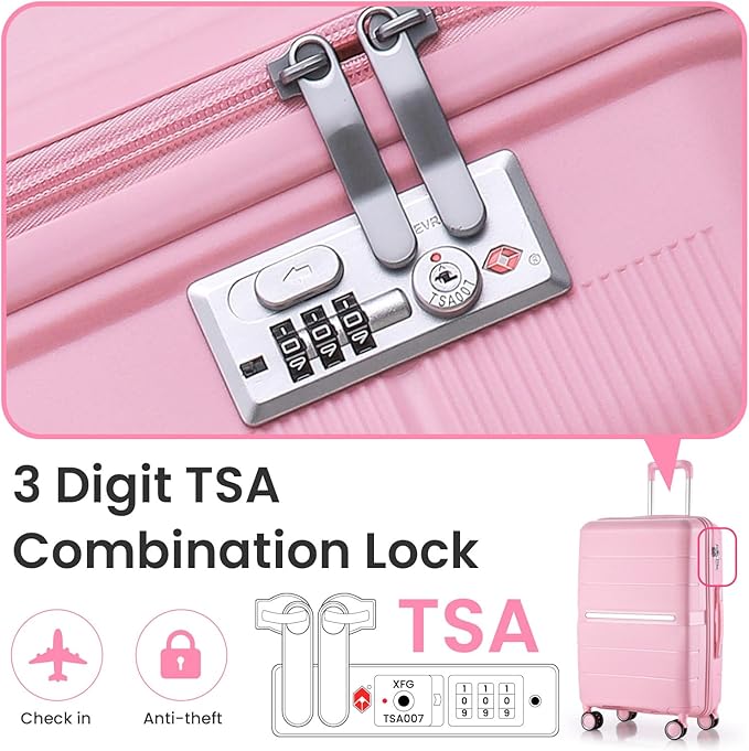 Campfun Luggage 4 Piece Sets, Expandable Carry On Luggage Set Hardshell PP, Suitcase Set with Double Spinner Wheels, Checked Durable Lightweight with TSA Lock, 14in 20in 24in 28in-Pink(A)