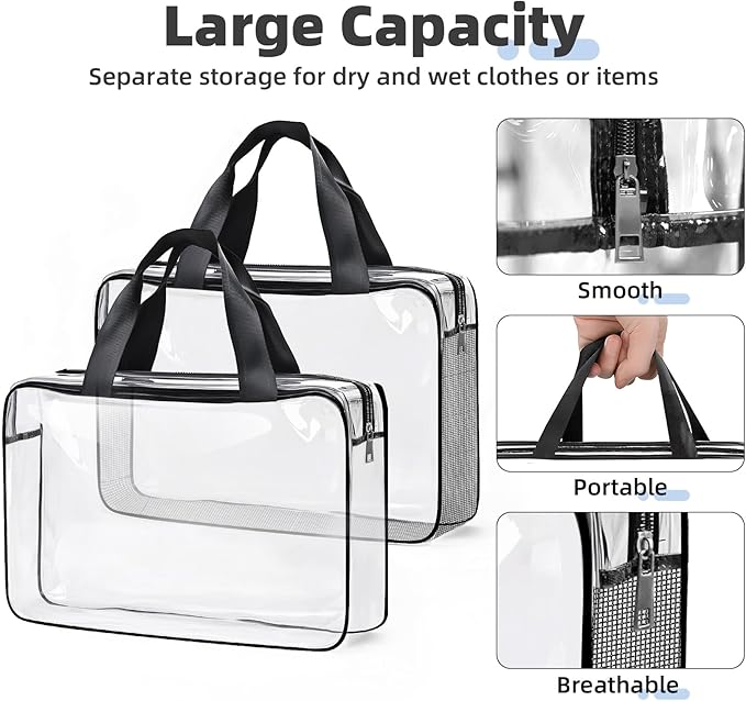 ABSOFINE Clear Toiletry Bag for Travel Size Toiletries, 4 Pack Large Waterproof PVC Makeup Bags with 2 Pack Airport Security Liquids Bags, Travel Essentials toiletry Bottles for Women Girls Men