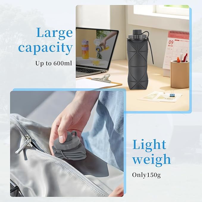 YCT Collapsible Silicone Travel Water Bottle 20oz (600ml), Reuseable Leakproof BPA Free Foldable Sports Bottle, with Carrying Strap, Light Gray + Purple