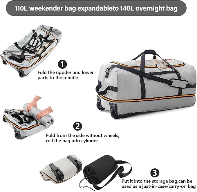 Rolling Duffle Bag with Wheels,110L/140L Expandable Soft-Sided Foldable Duffle Bag with 2 Rubber Wheels,Packable 32” Rolling Carry-On with Multi-Pockets & Compartments (Grey)