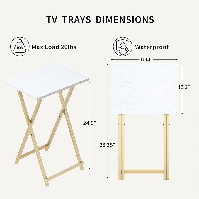 Foldable TV Trays, Small Folding Table, TV Trays Set of 2, TV Dinner Tray, Side Table for Bed, Couch, Portable Easy to Move, White & Gold