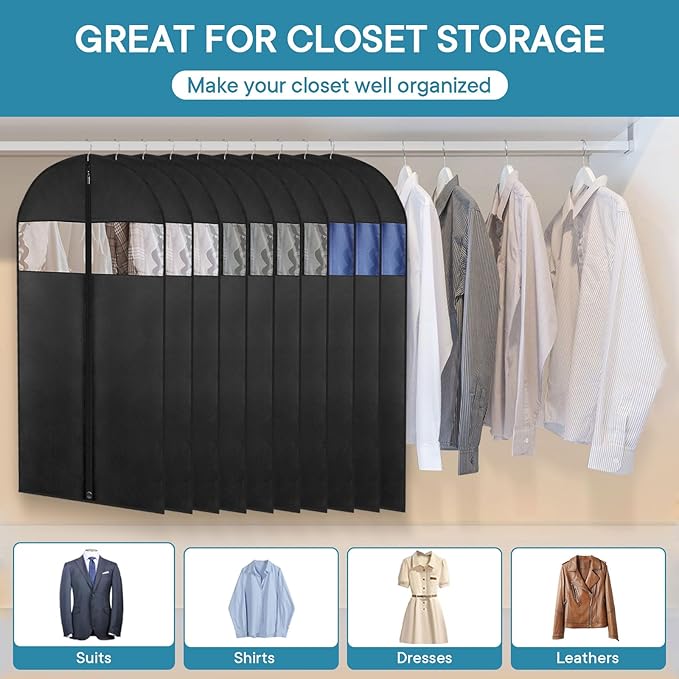 43" Suit Bags for Closet Storage and Travel, Garment Bags for Hanging Clothes, Suit Garment Bag for Men, Black Suit Cover Bags with Clear Window for Coats, Jackets, Shirts（5 Packs）