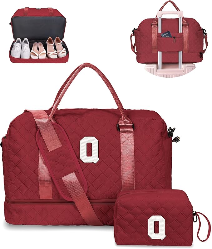 Personalized Gifts-Initial Overnight Bag with Shoe Compartment, Personalized Weekender Bag, Monogram Overnight Bag, Letter Travel Bag with Makeup Bag，Birthday Gift For Women Girl (Letter Q)