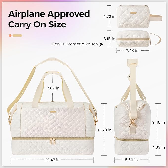 Gloppie Weekender Bags for Women with Shoe Compartment, 39L Large Travel Duffel Bag, Carry On Overnight Gym Bags with Wet Pocket, Hospital Bag for Women Labor Delivery, 2 Pcs Set, Beige