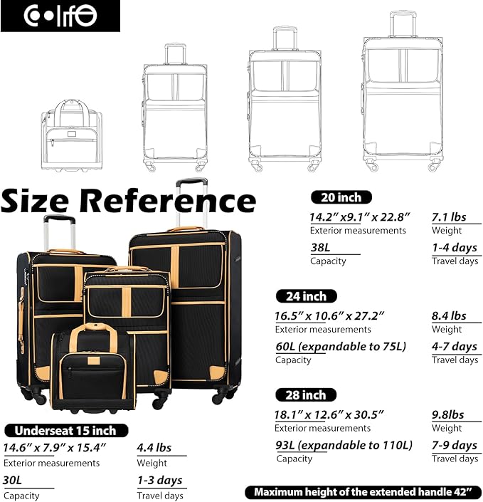 Coolife Luggage 4 Piece Set Suitcase Expandable TSA lock spinner softshell