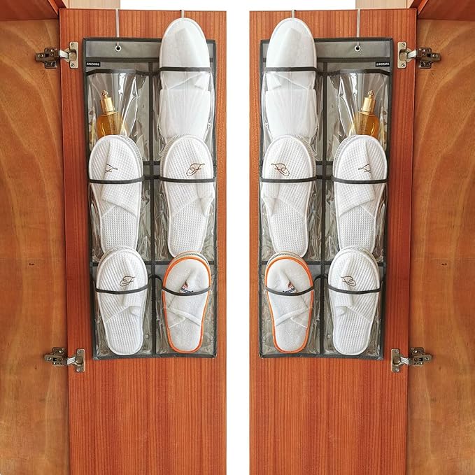 2 Packs Over The Door Hanging Closet Shoes Holder Organizer Shoe Storage Shoe Rack with 6 Pockets (Clear PVC Pockets)