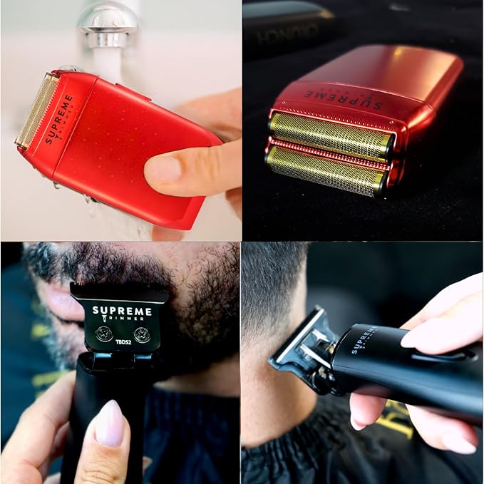 Supreme Trimmer 2-in-1 DLC T-Shaper Trimmer & Crunch Foil Shaver | STF602 Electric Razor & ST5206 Beard Trimmer Barber Haircut Kit | Red