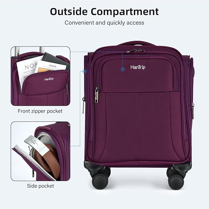 16 Inch Underseat Carry On Luggage with Wheels Softside Small Suitcases Personal Item Bag with Pocket Travel Luggage for Men Women Business Overnight Bag(Purple)