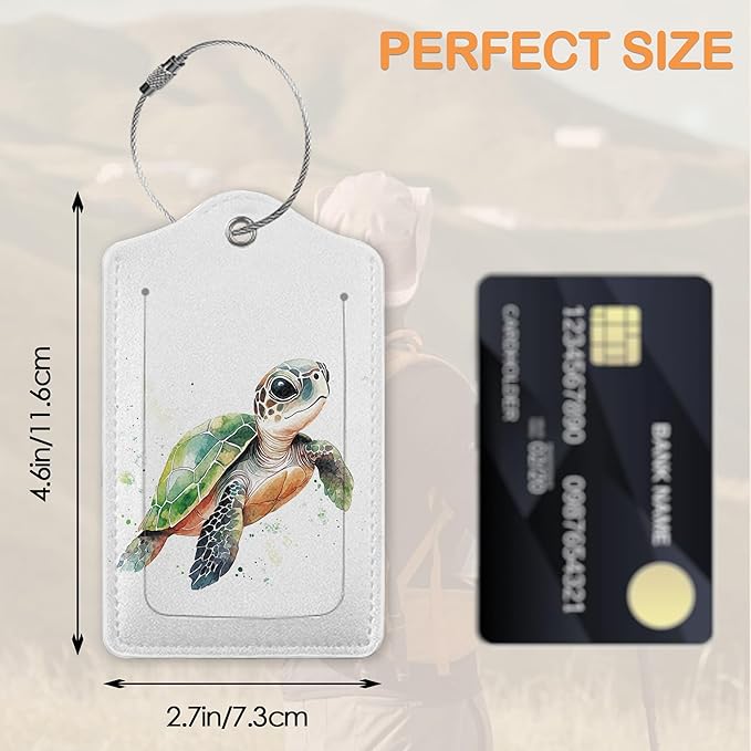 Abstract Colorful Sea Turtle 3 PCS PU Leather Luggage Tags for Suitcase, Luggage Tag with Privacy Flap, Name ID Label and Metal Loop for Women Men Baggage Handbag School Bag Backpack