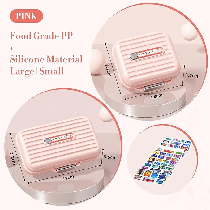 Travel Pill Organizer Box with Medicine Labels, 2Pack 7 Compartments Portable Pill Case, Daily Medication Organizer Storage Pill Container for Pocket Pharmacy(Pink S+L 2Pack)