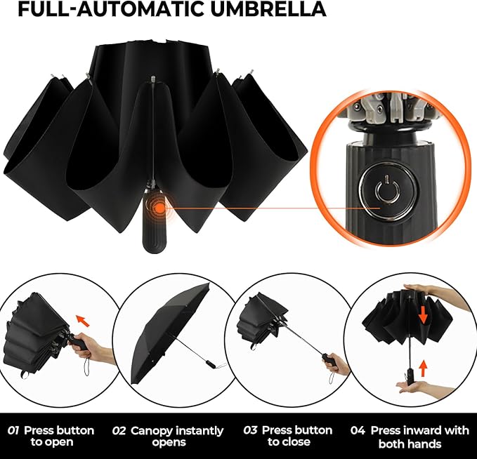 Compact Inverted Travel Umbrella, Automatic Open Close, 9-Rib 46 Inch Windproof Umbrella, Waterproof UPF 50+, Portable Umbrellas for Men, Women, Travel, and Daily Use