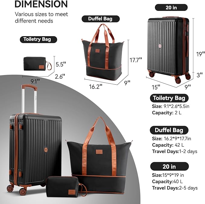 Hoteel 3 Piece Luggage Set with Spinner Wheels (4-YEAR WARRANTY), Carry on Luggage for Travel with TSA Lock, Hardshell ABS+PC Suitcase Set, 20" Suitcase + Expandable Duffel Bag + Cosmetic Bag(Black)