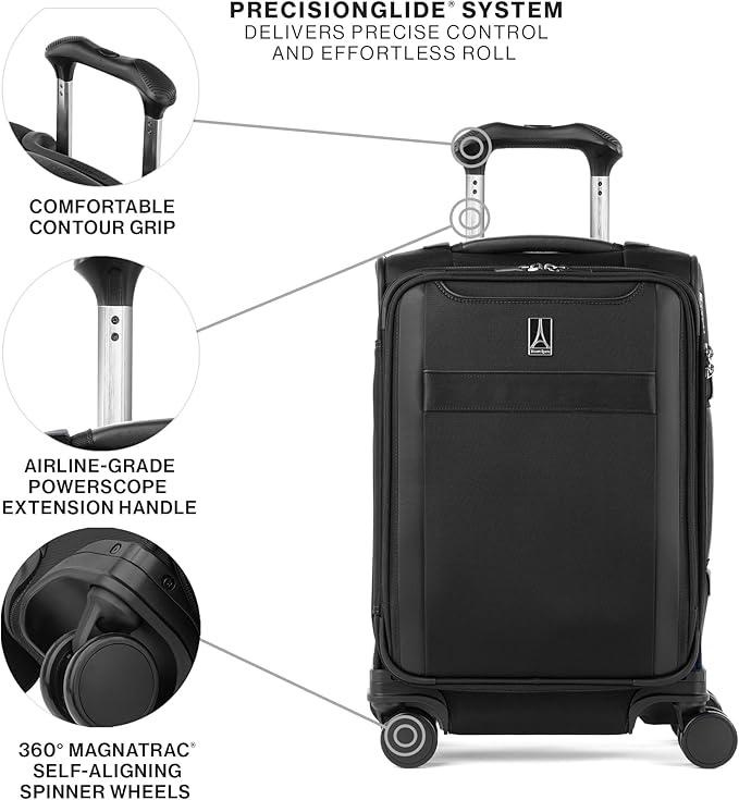 Travelpro VersaPack+ Lightweight Softside Expandable Carry on Luggage, 8 Spinner Suitcase, TSA Lock, Men and Women, Compact Carry On 20-Inch, Black