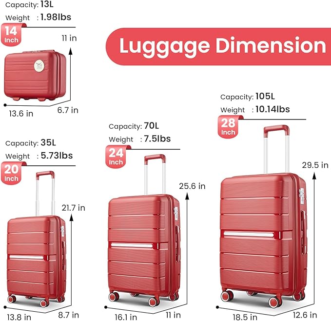 Campfun Luggage 4 Piece Sets, Expandable Carry On Luggage Set Hardshell PP, Suitcase Set with Double Spinner Wheels, Checked Durable Lightweight with TSA Lock, 14/20/24/28in, Red(A)