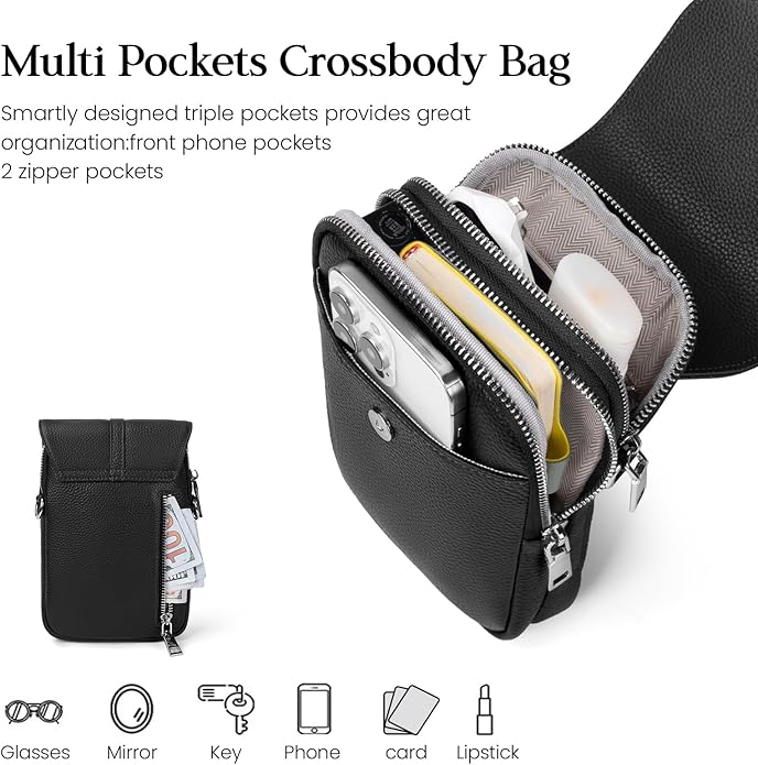 befen Genuine Leather Small Crossbody Bags for Women, Multi Pocket Cell Phone Crossbody Purse with RFID Blocking Card Slots