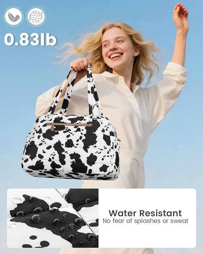 Travel Duffle Bag,Puffer Carry On Duffel Bag with Laptop Compartment Waterproof Overnight Weekender Bags for Women Large Hospital Tote Bags for Labor and Delivery(Medium,Cow Print)