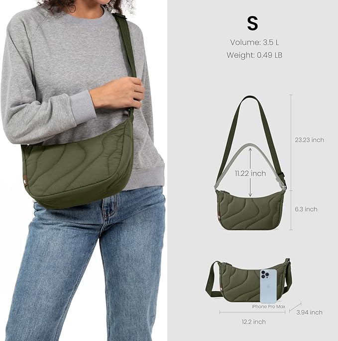 tomtoc 3.5L Puffer Sling Crossbody Bag for Women Trendy, Nylon Quilted Crescent Shoulder Bag Purses for Cellphone and Daily Essentials, Puffy Travel Hobo Handbag with Adjustable Strap & Inner Pockets