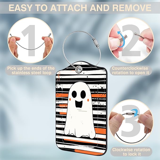 Halloween Set of 2 Luggage Tags Cute Ghost on Black and White Stripes Luggage Tags for Suitcases Leather Suitcase Tags with Privacy Name Address Label and Stainless Steel Loop for Women Men Travel Bag