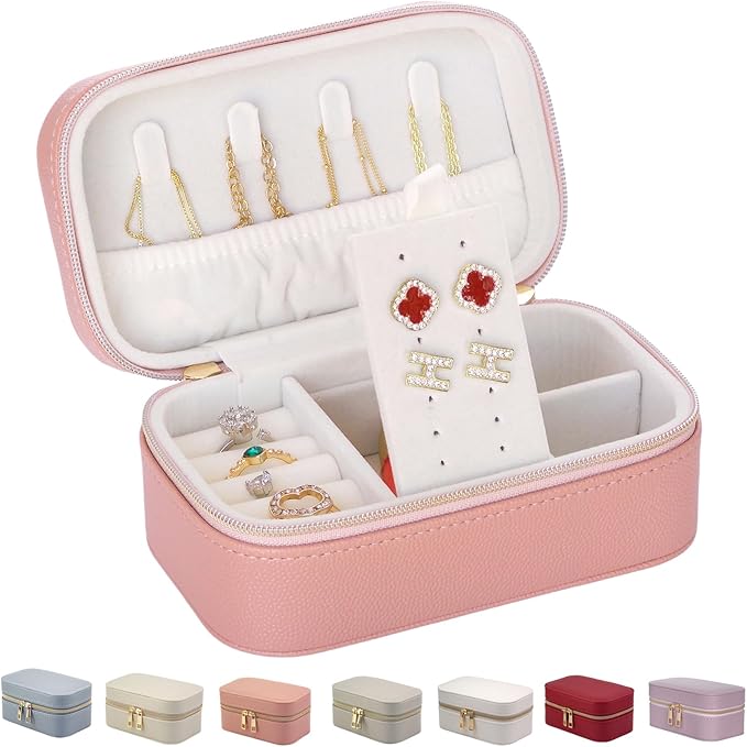Small Jewelry Travel Case For Womens Small Rectangle PU Leather Jewelry Box With Zipper 2.56" H Portable Travel Jewelry Case For Earring Rings Necklaces Bracelets Pink Jewelry Gifts Box