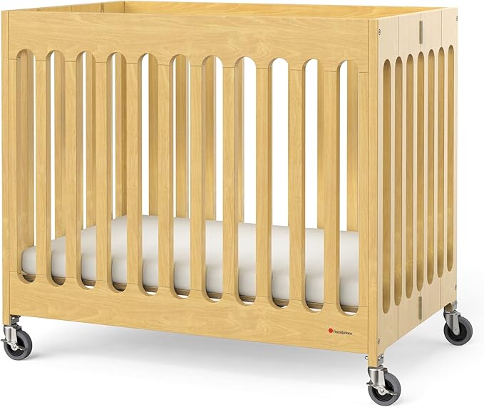 Foundations Boutique Folding Mini Baby Crib - Compact, Portable, Wooden Hotel Crib, Foldable Mini Crib for Baby & Toddlers - Includes 3" Foam Mattress, Natural