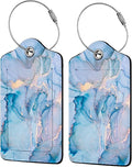 Blue Gold Marble 2 Pack Luggage Tag for Suitcase, Cute Unique Leather Bag Tags Identifiers Privacy Cover ID Label with Steel Loop for Women Men Kids Girls Travel
