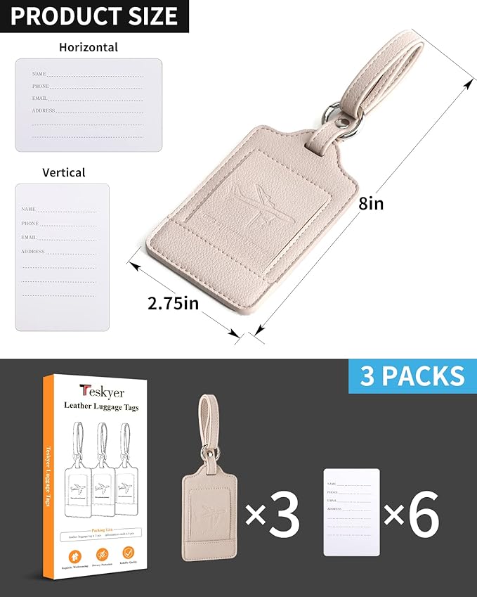 Teskyer Luggage Tags, 3 Pack Premium PU Leather Luggage Tags for Suitcases, Privacy Protection Travel Bag Tags, Lichee Beige