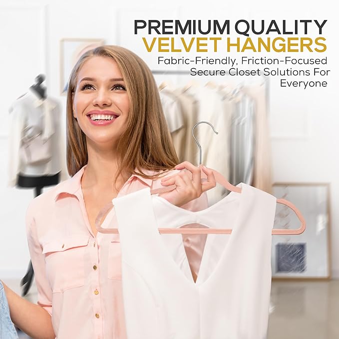 50 Pack New Premium Quality Velvet Hangers Ultra Thin Non Slip Adult Felt Space Saving Hangers for Closet Heavy Duty Coat Pants Jackets Dress Hangers 360° Swivel Hook Hold Upto 10lbs Rose Gold