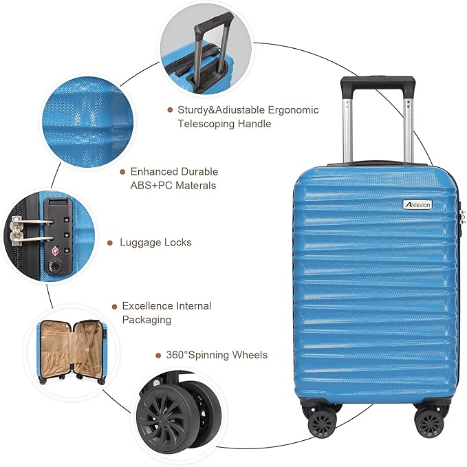 Carry on luggage 20 In suitcase with Spinner Wheels ABS & PC Hardside Luggage（Skyblue）