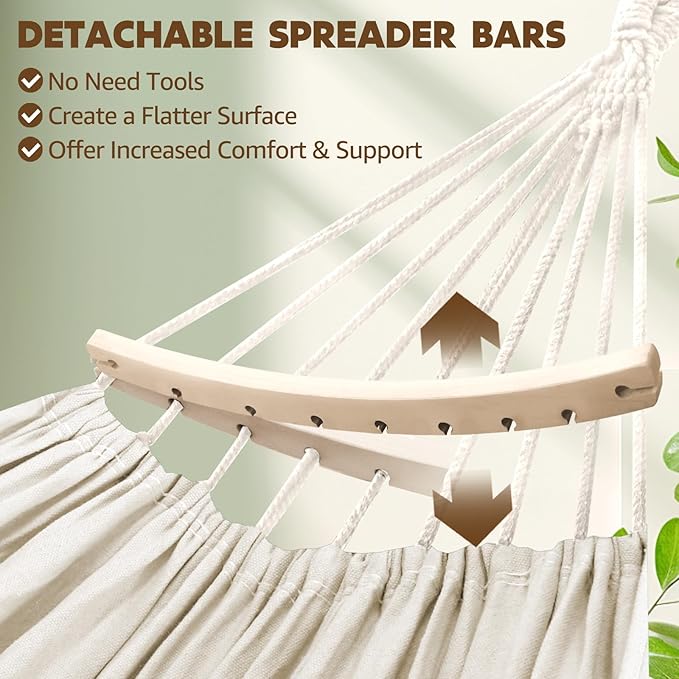 Chihee Cotton Hammock Large Soft Breathable Camping Hammock Holds Up to 660lbs Portable Tree Hammocks with Detachable Spreader Bar Pillow 2 Strong Webbings 2 Carabiners Patio Garden Indoor Outdoor