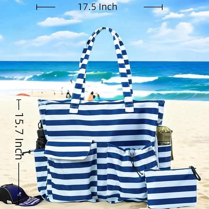 LEDAOU Large Beach Tote Bag Women Waterproof Sandproof Zipper Beach Tote Bag for Pool Gym Grocery Travel with Wet Pocket