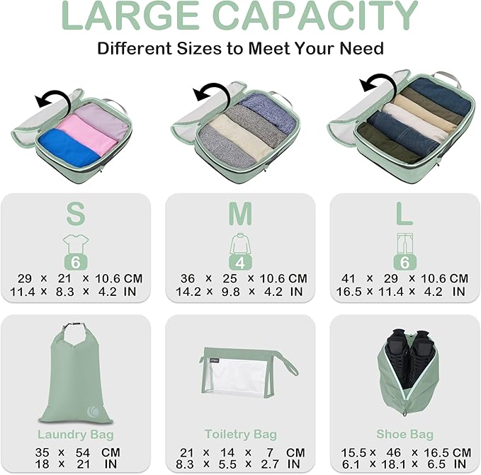 Cipway Compression Packing Cubes Mesh, Lightweight Luggage Organizer Bags with Laundry Bag,Toiletries Bag and Shoe Bag, Travel Essentials for Carry on Suitcase（8 Pcs,Sage Green）