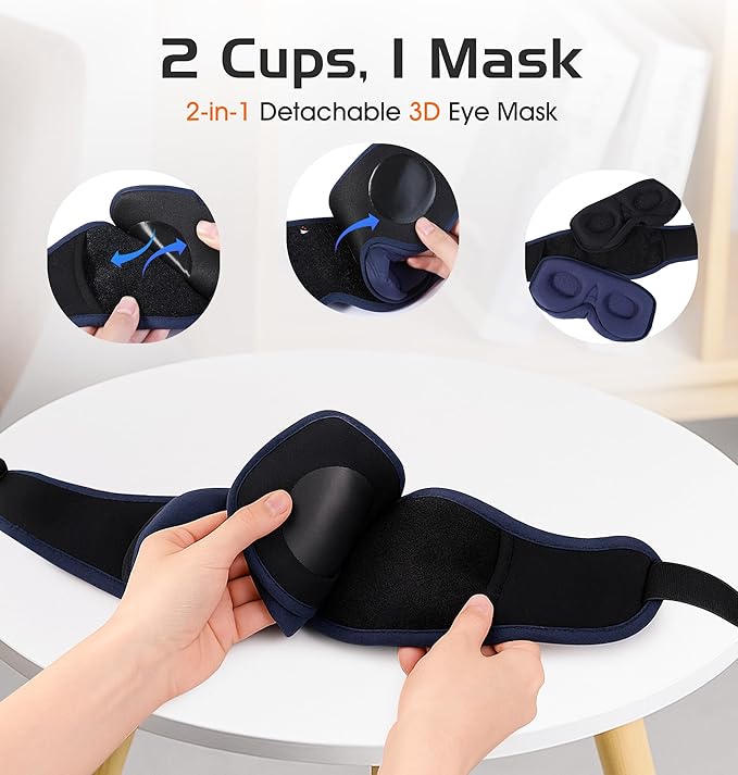 Bluetooth Sleep Mask with 2 Removable 3D Contoured Cup, Bamboo Cotton Sleeping Headphones for Side Sleepers with Timming Setting, Blackout Eye Mask for Sleeping Travel Meditation Men Women