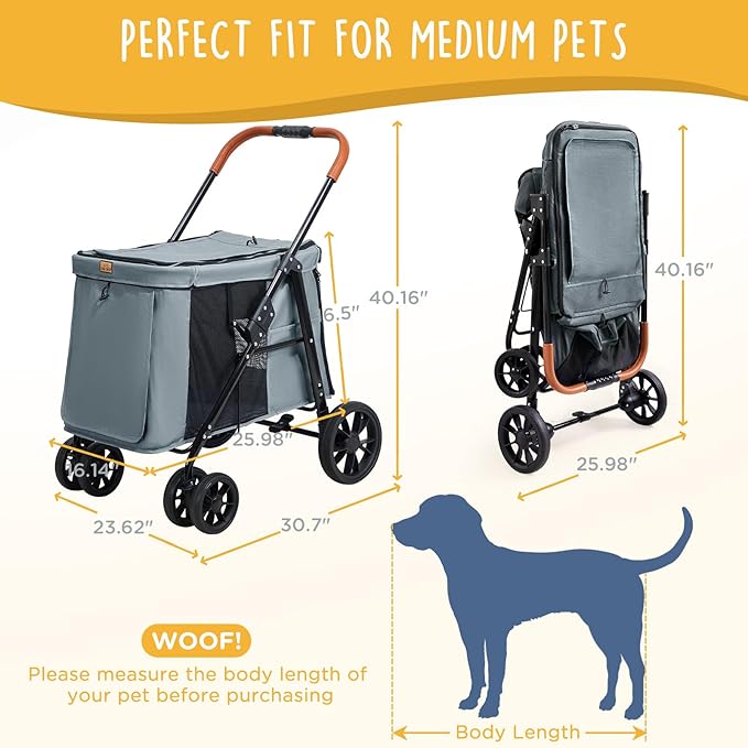 Scout Pet Stroller, 4-Wheel Design for Small/Medium Dogs - One-Button Fold, Adjustable Mesh Windows & Shades, 360° Swivel Front Wheels, Rear Wheel Brake for Safety